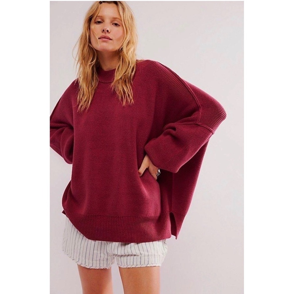 Free People Ottoman Slouchy Tunic Sweater XL Berry Red Mock Neck Ribbed Knit